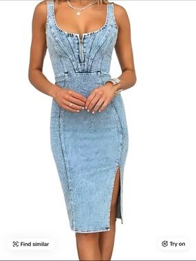 Light Blue Denim Midi Sheath Dress with Front Zip